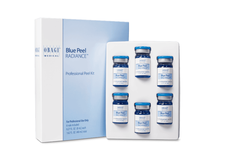 obagi blue peel radiance chemical skin peel vials next to a box