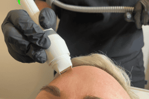 a micro needling device is held to a female forehead