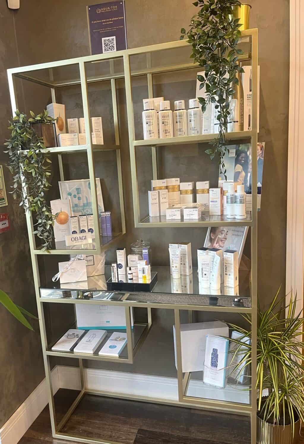 a display of Obagi Medical skincare products at aqua tox wellness clinic in hertford